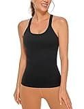 CRZ YOGA Womens Seamless Ribbed Racerback Tank Tops with Built in Bra - Padded Scoop Neck Slimming Athletic Long Camisole Black X-Large
