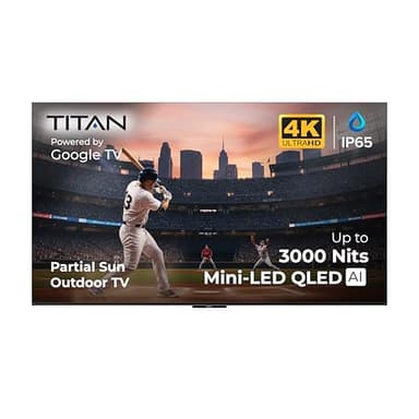 Titan G200 Mini-QLED 115 Inch Outdoor TV, Partial Sun, IP65 Smart Weatherproof TV, 4K HDR, 144 Hz, Google AI OS, 3000 Nits, Wi-Fi 6, Dolby Vision&Atmos, Onkyo, Outdoor TV Cover, Slim Bezel, 2 Yr Wty
