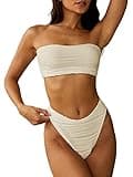 ZAFUL Women Strapless Textured Bandeau Bikini 2 Piece Swimwear Cheeky Solid Lace up Bathing Suits(1-Beige,M)