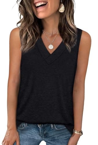 WIHOLL Tank Tops for Women Cute Summer Tops Black Tank Top Woman T Shirts Flowy Spring Tops Basic V Neck Tops Sleeveless Shirts M