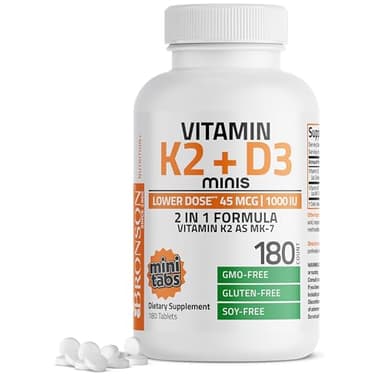 Bronson Vitamin K2 (MK7) with D3 Lower Dose 45mcg Vitamin K2 & 1000 IU Vitamin D3 Easy to Swallow Daily Maintenance 2 in 1 Formula Non-GMO, 180 Mini Tablets