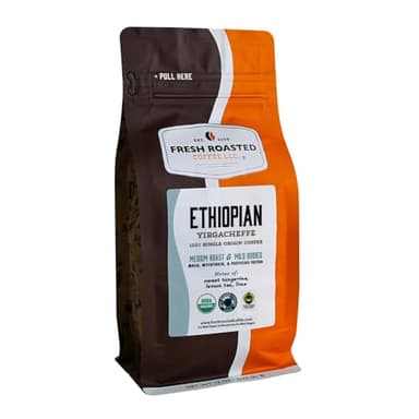 Fresh Roasted Coffee, Organic Ethiopian Yirgacheffe | USDA Organic, Kosher, 3rd Party Tested for Mold, Myco, Pesticides | 12 oz Whole Bean
