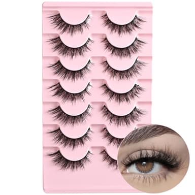 FARRED False Eyelashes Natural Wispy Lashes Short Cat Eye Strip Lash 7 Pairs Thin Band Cateye Fake Eyelash Medium Length Volume Pestañas Set for Hooded Eyes (A16 | 7-14MM)