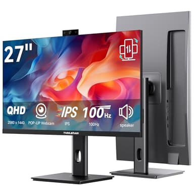 Thinlerain 27 Inch Monitor with Pop-Up Webcam - 2K 2560 x 1440 IPS Computer Monitor, 100Hz Vertical Gaming PC Screen, Built-in 3MP Webcam & Microphone, HDMI, DisplayPort, Display for Office Home Work
