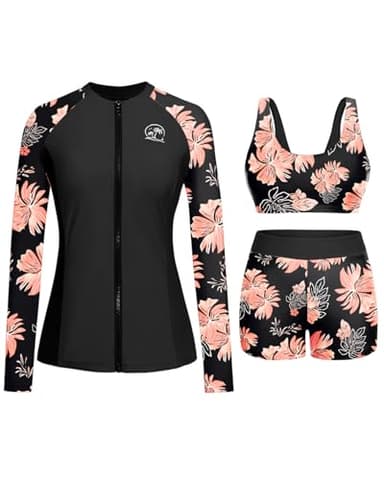 Holipick Orange Floral Long Sleeve Swimsuits for Women - 3 Piece Rash Guard with Shorts Zipper SPF Swim Shirt with Built in Bra M