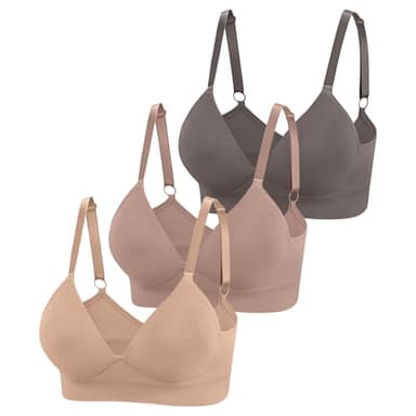 Eleplus 3 Pieces Deep V Wireless Bras for Women Seamless Comfy Bralettes Lightly Lined Multicolors Pack (Large,Khaki+Coffee+darkbeige)