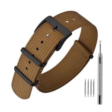 ANNEFIT Nylon Watch Band 20mm, One-Piece Waterproof Military Watch Straps with Heavy Black Buckle (Brown)