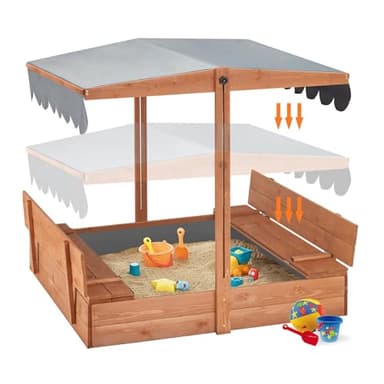 YOLENY Sandbox with Lid,Kids Sandbox with Cover Outdoor,Wooden Sand Box with 2 Foldable Bench Seats,Adjustable UV-Resistant Roof & Bottom Liner,Sand Box for Kids Ages 2-8, Perfect for Backyard,Beach