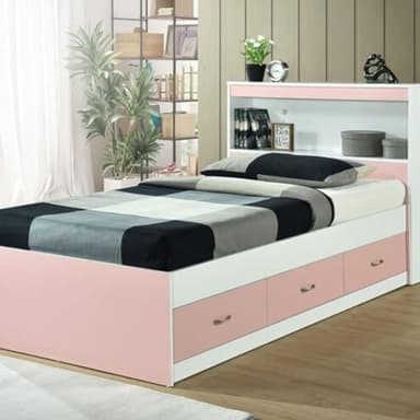 Hodedah Storage Bed with Bookcase Headboard, Pink