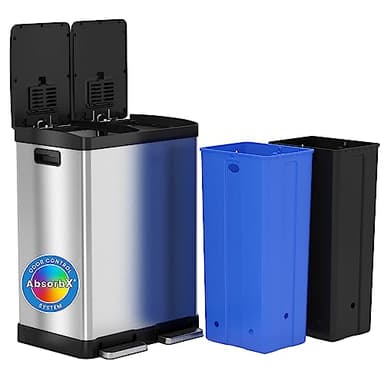 iTouchless 60 Liter / 16 Gallon Rectangular Dual Compartment Kitchen Trash Can & Recycling Bin, Odor Filter, Soft-Close, Hands-Free Step Pedals, Color-Coded Buckets, Smudge-Resistant Stainless Steel