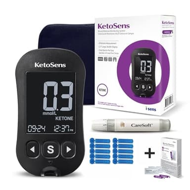 KetoSens Blood Ketone Monitoring System Set: Single Meter +50 Ketone Test Strips, 10 Lancets (30G), 1 Lancing Device, 2 Batteries, a Instructions for Use, 1 Logbook, 1 Carrying Case