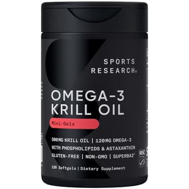 Sports Research® Omega-3 Krill Oil 500mg Mini Gels - Pure Antarctic Superba® Krill w/Choline, Phospholipids & Astaxanthin - MSC Certified Sustainable · Non-GMO · Gluten Free - 120 Count