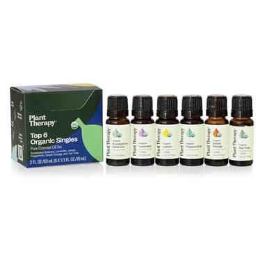 Plant Therapy Top 6 USDA Organic Essential Oil Set - Lavender, Peppermint, Eucalyptus, Lemon, Tea Tree 100% Pure, Natural Aromatherapy, for Diffusion & Topical Use, Therapeutic Grade 10 mL (1/3 oz)