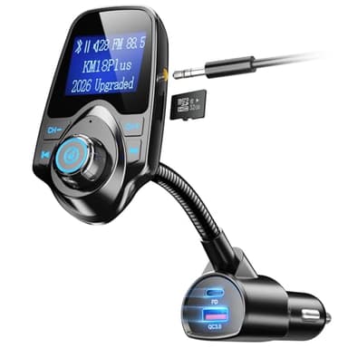 Nulaxy [2026 KM18 Upgraded Version] 48W Bluetooth 5.4 Car Adapter with Fasting Charging Ports [PD 30W & QC3.0 18W], Supports Hands-Free Call, 1.44" Screen Wireless Radio FM Transmitter, Black