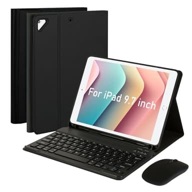 SOPPY Bluetooth Keyboard Case with Mouse for iPad 6th/5th Generation, iPad Pro 9.7-inch, Air 1/2, Detachable Wireless Keyboard with Pencil Holder, Slim Protective Cover, Rechargeable, US - Black