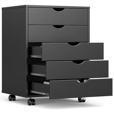 OLIXIS 5 Drawer Mobile File Cabinet Under Desk Storage Organization with Wheels Vertical Filing Chest Rolling Wood Small Desk Printer Stand for Home Office, 15.75"D x 18.74"W x 25.39"H, Black