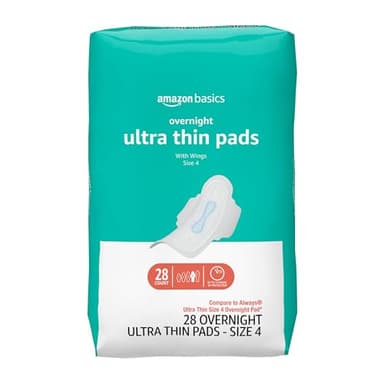Amazon Basics Overnight Heavy Absorbency Feminine Pads for Women, Ultra Thin with Flexi-Wings, Unscented, Size 4, 28 Count, 1 Pack