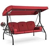 HOMREST 3 Seat Outdoor Porch Swing with Adjustable Canopy, Convertible Patio Swing Bed with Stand, Patio Glider Swing with Upgraded Cup Holder, Thicken Cushions ＆ Pillow for Backyard (Wine Red)