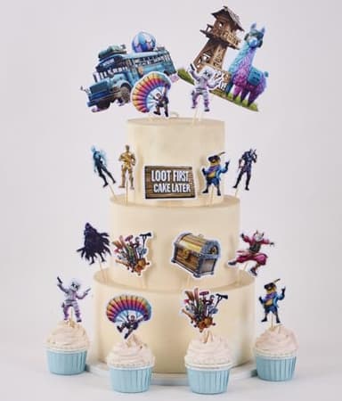 Video Game Birthday Cake Toppers & Cupcake Toppers Set – 26 PCS Battle Royale Gamer Party Decorations for Kids Boys Girls – Gaming Theme Cake Decorations