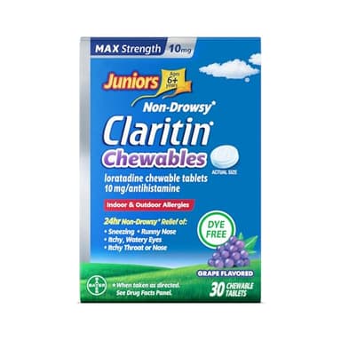 Juniors Claritin Max Strength 10mg Chewables, One Dose for 24-Hour Non-Drowsy Allergy Relief, Children's Allergy Medicine, Kids Chewable Allergy Medicine, Ages 6+, Grape Flavored, 30 Chewable Tablets