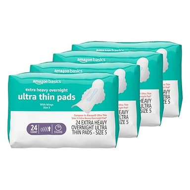 Amazon Basics Extra Heavy Overnight Feminine Pads for Women, Ultra Thin with Flexi-Wings, Unscented, Size 5, 96 Count (4 Packs of 24)