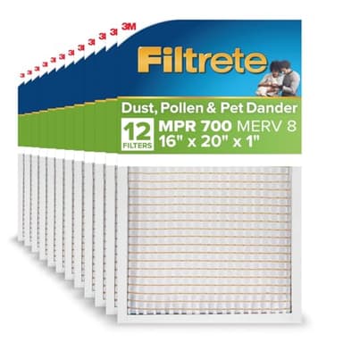 Filtrete 16x20x1 AC Furnace Air Filter, MPR 700, MERV 8, Tough on Pollen, Easy on Airflow, 3-Month Pleated 1-Inch Electrostatic Air Cleaning Filter, 12-Pack (Actual Size 15.68 x 19.68 x 0.78 in)