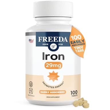 FREEDA 29 mg Gentle Iron Supplement for Women & Men from Ferrous Fumarate – Stomach Friendly Low Iron Pills for Energy & Red Blood Cell Booster Support, Easy-to-Swallow Tablets, Kosher, GF (100 Count)