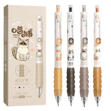 MOZXIRZ 4 Pcs Cute Retractable Pens Cat Gel Pens Cartoon Pen 0.5mm Black Ink Writing Pen Aesthetics Pens Kawaii Pen for Girls Women Boy Office School Pens (Cute Cat)