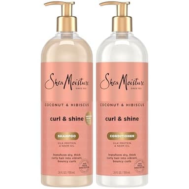 SheaMoisture Coconut & Hibiscus Curl & Shine Shampoo & Conditioner for Bouncy Curls, Frizz Control, Family-Size Pump Bottles, 24 Oz Ea