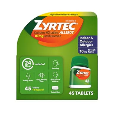 Zyrtec 24 Hour Allergy Relief Tablets, Indoor & Outdoor Anti Allergy Medicine with 10 mg Cetirizine HCl per Antihistamine Tablet, Relief from Runny Nose, Sneezing, Itchy Eyes & More, 45 ct