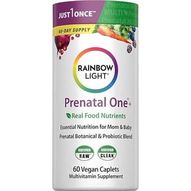 Rainbow Light Prenatal Multivitamin One + for Women | 60 Caplets | Essential Nutrition for Mom & Baby | Real Food Nutrients | Prenatal Botanical & Probiotic Blend