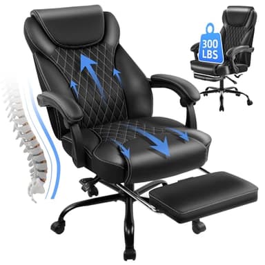 amseatec Office Chair, Big and Tall Office Chair with Foot Rest Ergonomic Chair for Home Desk, Reclining High Back Leather Chairs with Lumbar Support(Black)