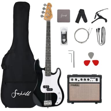 Fojill Full Size 4 Four String Electric Bass Guitar 20W Amplifier Amp Right Hand Beginner Starter Kit Set Combo Bundle Accessory Gig Bag,Strap,Picks,Capo,Noiselss Cable,Strings (Black)