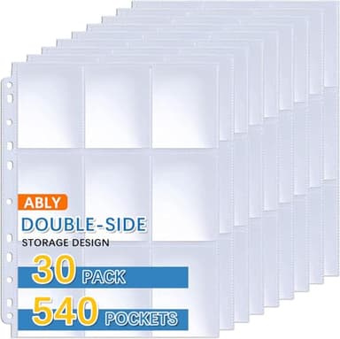 ABLY 540 Pockets Double-Sided Trading Card Pages Sleeves 9-Pocket Clear Plastic Game Card Protectors for Skylanders, Pokemon, Baseball Cards and More, Fit 3 Ring Binder (30 Pages)