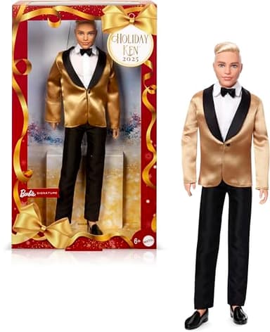 Barbie Signature 2025 Holiday Blonde Ken Collectible Fashion Doll Wearing Full Suit with Golden Jacket in Displayable Packaging & Doll Stand