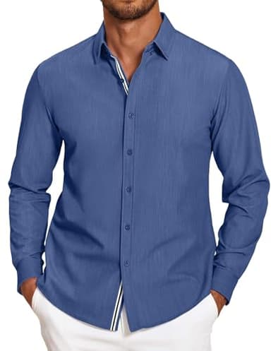 COOFANDY Men's Untucked Shirt Solid Color Casual Button-Down Shirts for Men No Tuck Shirt， Denim Blue， Medium