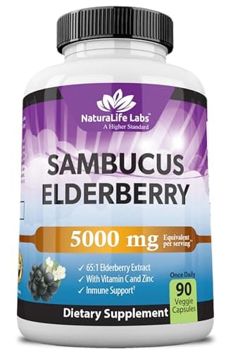 NaturaLife Labs Sambucus Elderberry 5,000 mg Equivalent (65:1 Extract) with Vitamin C & Zinc - 90 Capsules - Vegan, Gluten Free, Non-GMO