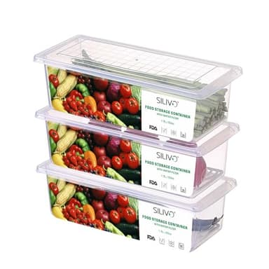 SILIVO Fruit Storage Containers for Fridge (3 Pack) - 1.5L Produce Saver Containers for Refrigerator with Removable Drain Tray Keep Fresh for Produce, Bacon, Fruits and Vegetables