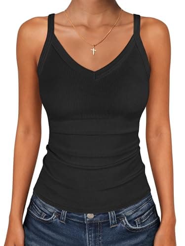 ANRABESS V Neck Tank Tops for Women Ribbed Knit Camisole 2026 Summer Casual Sleeveless Slim Fitted Basic Cami Shirts Clothes Black Large
