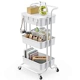 Pipishell 3 Tier Rolling Cart with Table Top, Utility Cart with Wheels & 4 Hooks, Rolling Storage Cart for Home Storage and Organization, White, PIUC09W