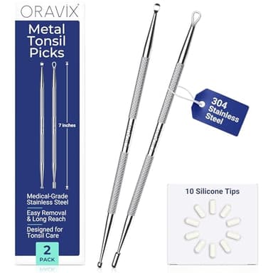 Oravix Tonsil Stone Remover Tool Pack of 2, Metal Tonsil Stone Removal Tool, 7’’ Surgical-Grade Stainless Steel Metal Pick with 10 Soft Silicone Tips, Fight Bad Breath, Safe & Easy