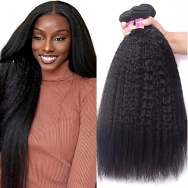UNice Hair 10A Yaki Kinky Straight Human Hair 3 Bundles, 100% Unprocessed Mongolian Virgin Human Hair Weave Extensions Natural Color (22 24 26 inch)