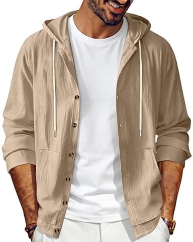 TAFLE Mens Linen Long Sleeve Button Down Shirts with Pockets Casual Hawaiian Beach Shirts Lightweight Fashion Hoodies Overshirt Jacket Khaki