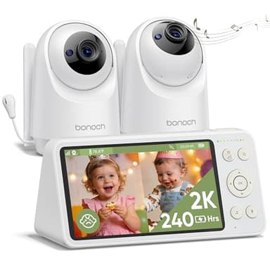 bonoch 2K 5.5" Split Screen Baby Monitor with 2 Cameras, 240hrs Battery Dual Video Monitor, White Noise, 1600ft Long-range, Hack-Proof No WiFi, Night Vision, Smart Detect for Cry/Sleep Turnover/Motion