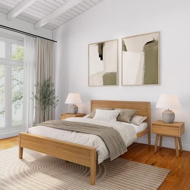 Plank+Beam Solid Wood Queen Bed Frame with Panel Headboard, Modern Queen Platform Bed with Wood Slat Support, No Box Spring Needed, Pecan