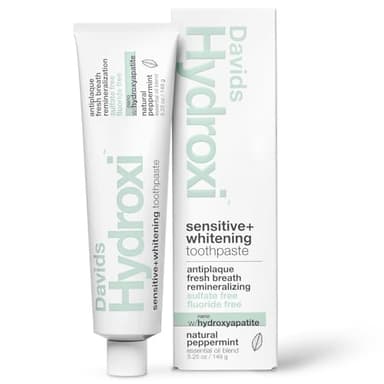 Davids Hydroxi Fluoride Free Nano Hydroxyapatite Toothpaste for Remineralizing, Sensitive Support, Whitening, Antiplaque, SLS Free, Natural Peppermint, 5.25oz, Made in USA