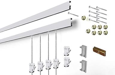 STAS Cliprail Picture Hanging System Set - Covers 19.69 ft of Wall Space - Basic Picture Rail & Art Hanging Gallery Kit (Matte Silver Rails, Includes 12 Hooks & 8 Cords)