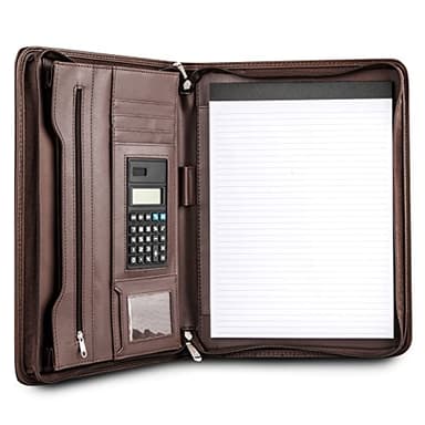 Cossini Premium Business Portfolio with Zipper – Padfolio - Superior Business Impressions Begin with PU Vegan Leather, 10.1 Inch Tablet Sleeve, Smart Storage, Solar Calculator, Writing Pad -Brown