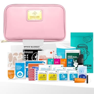 EVERLIT CARE Car First Aid Kit with Emergency Supplies Survival Gear Including Window Breaker Disposable Urine Bag Mountable Survival Kit for Family Travel in Car (Pink)