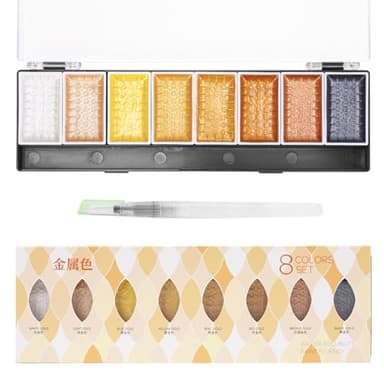 LIGHTWISH Metallic Waterolor Paints,8 Shimmery Gold Colors, Artist Glitter Solid Watercolors with 1 Water Brush Pen for Artists, Students and Painting Beginners